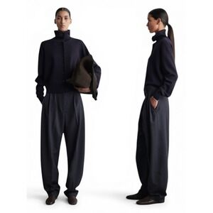 COS Trousers Womens 10 Black Pleated Wide Leg High Waisted Twill Cuffed Pockets